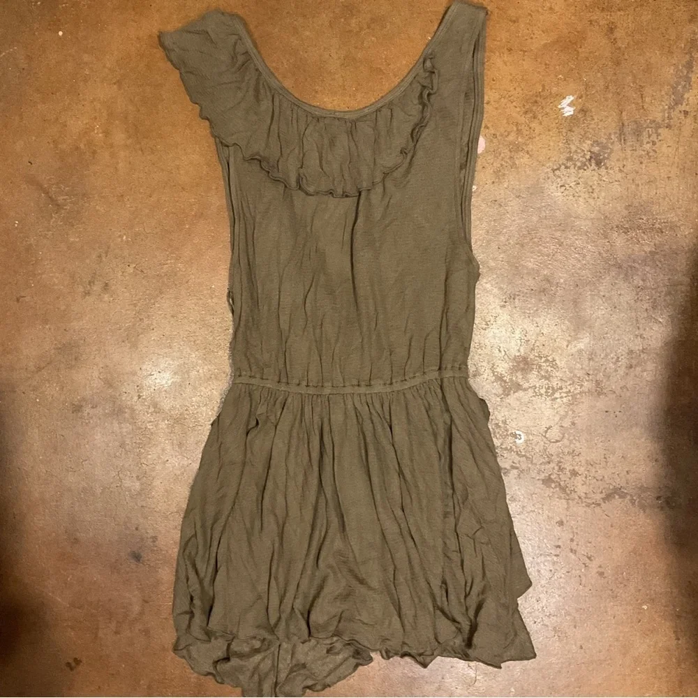 Free People Army Green Multi Ruffle Low Cut Tiered Guazy Bohemian Dress M A20